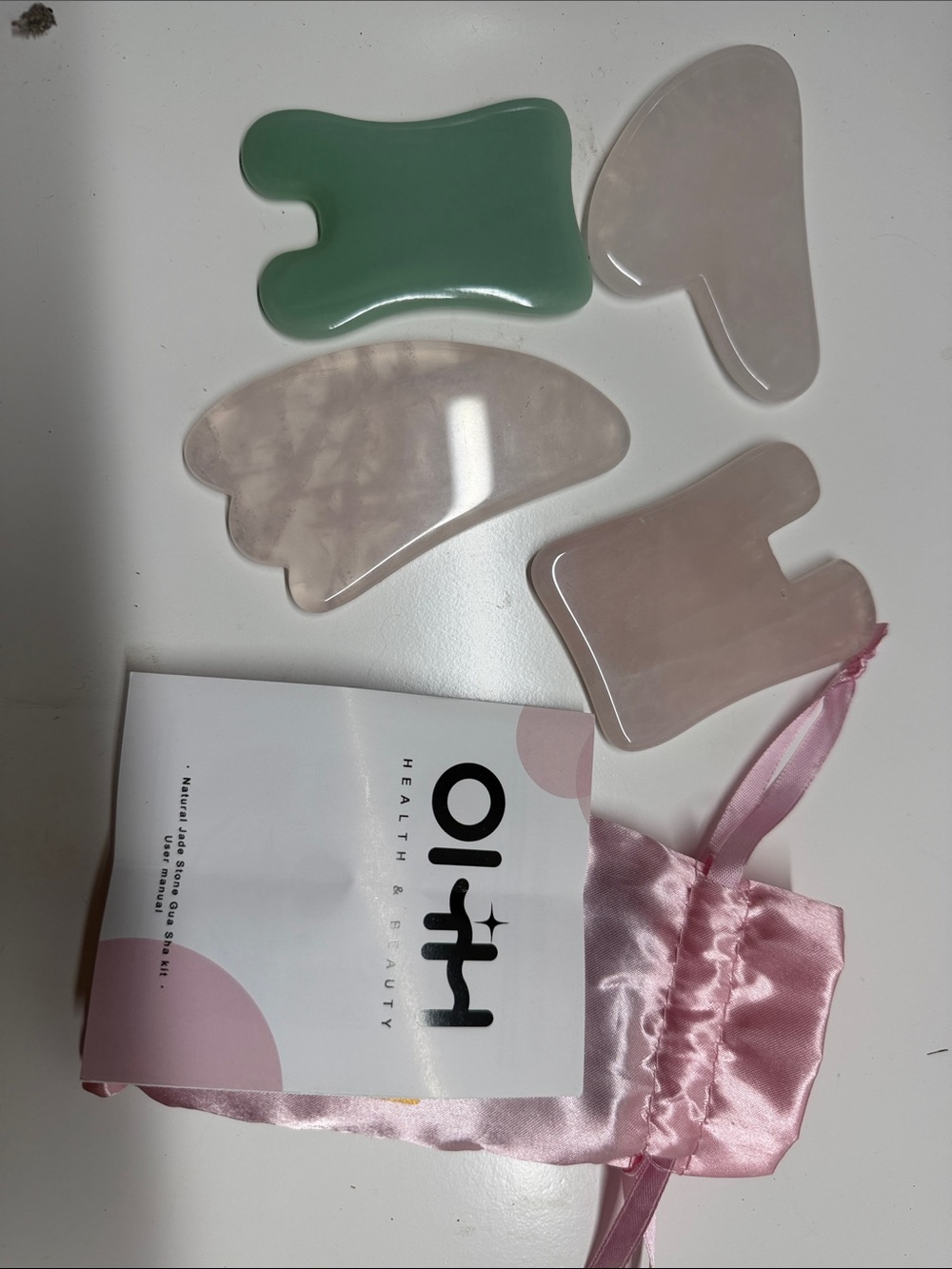 Gua Sha Facial Tool Set with Pink Satin Pouch - Rose Quartz & Green